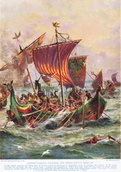 バイキングドラゴンの船を攻撃するアルフレッドのギャレー、897 AD、「ハチソンのイギリス国民の物語」、1920年頃のイラスト